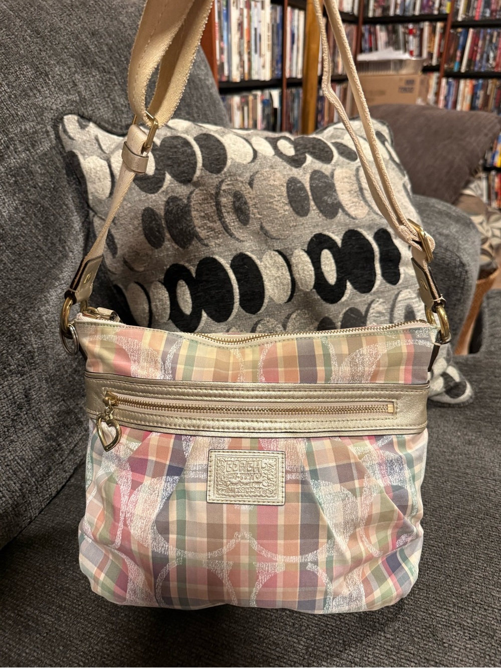 Coach Pastel Plaid Crossbody in Pink, Blue, Green & Cream with Gold Trim